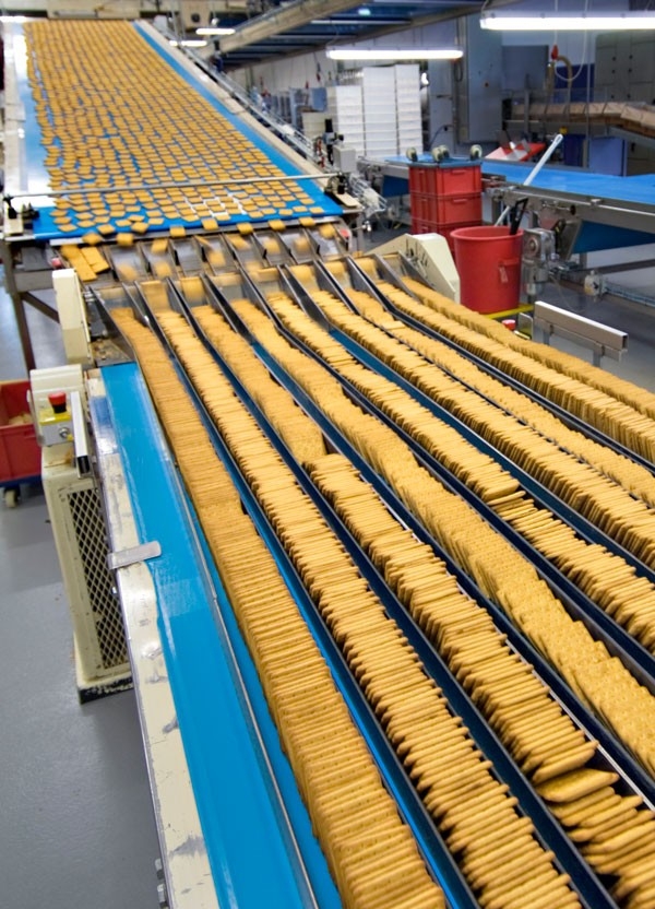 Lebensmittelsicherheit: Lebensmittelproduktion blaues Förderband Lebensmittel Produktion